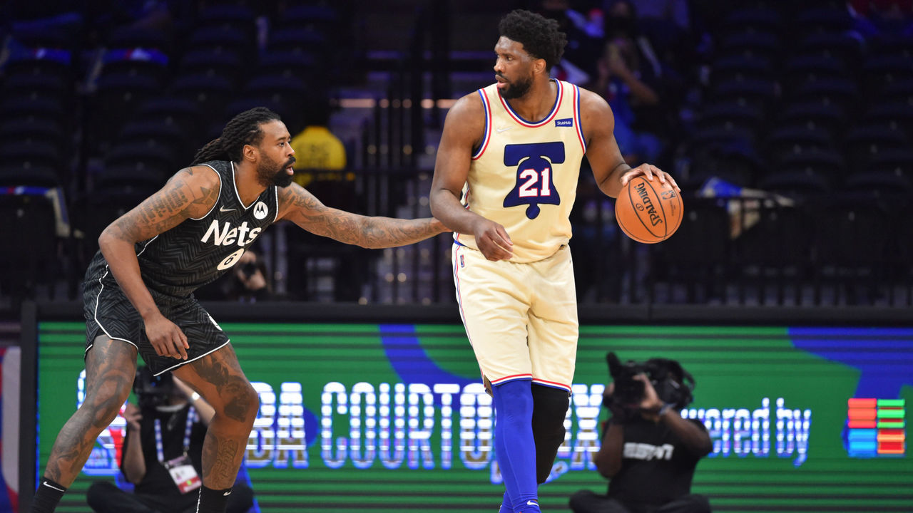 PHILADELPHIA, PA - APRIL 14: Joel Embiid #21 of the Philadelphia 76ers handles the ball against DeAndre Jordan #6 of the Brooklyn Nets on April 14, 2021 at Wells Fargo Center in Philadelphia, Pennsylvania. NOTE TO USER: User expressly acknowledges and agrees that, by downloading and/or using this Photograph, user is consenting to the terms and conditions of the Getty Images License Agreement. Mandatory Copyright Notice: Copyright 2021 NBAE