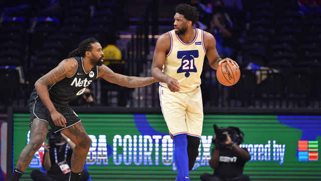 PHILADELPHIA, PA - APRIL 14: Joel Embiid #21 of the Philadelphia 76ers handles the ball against DeAndre Jordan #6 of the Brooklyn Nets on April 14, 2021 at Wells Fargo Center in Philadelphia, Pennsylvania. NOTE TO USER: User expressly acknowledges and agrees that, by downloading and/or using this Photograph, user is consenting to the terms and conditions of the Getty Images License Agreement. Mandatory Copyright Notice: Copyright 2021 NBAE