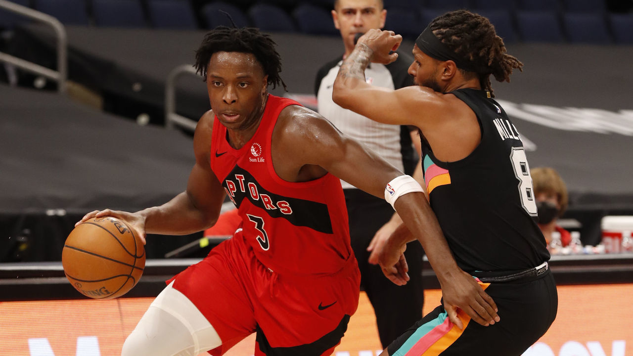 TAMPA, FL- APRIL 14: OG Anunoby #3 of the Toronto Raptors dribbles the ball during the game against the San Antonio Spurs on April 14, 2021 at Amalie Arena in Tampa, Florida. Mandatory Copyright Notice: Copyright 2021 NBAE