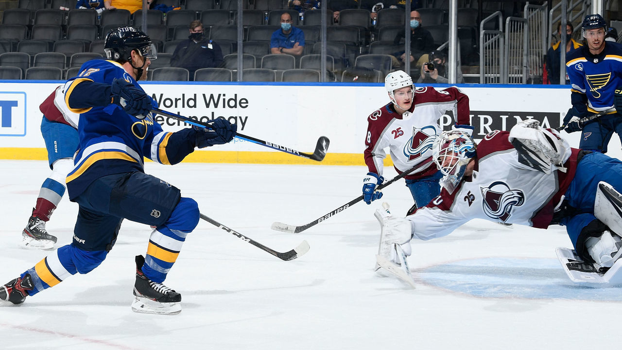 ST. LOUIS, MO - APRIL 14: Devan Dubnyk #40 of the Colorado Avalanche makes a save against Jaden Schwartz #17 of the St. Louis Blues on April 14, 2021 at the Enterprise Center in St. Louis, Missouri.
