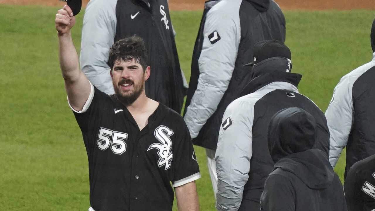 CHICAGO, ILLINOIS - APRIL 14: Carlos Rodon #55 of the Chicago White Sox celebrates his no-hitter against the Cleveland Indians at Guaranteed Rate Field on April 14, 2021 in Chicago, Illinois. The White Sox defeated the Chicago White Sox 8-0.
