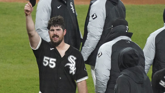 CHICAGO, ILLINOIS - APRIL 14: Carlos Rodon #55 of the Chicago White Sox celebrates his no-hitter against the Cleveland Indians at Guaranteed Rate Field on April 14, 2021 in Chicago, Illinois. The White Sox defeated the Chicago White Sox 8-0.