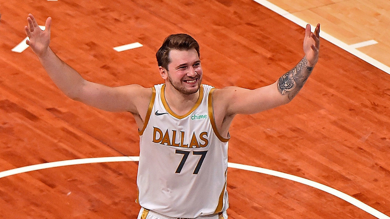 MEMPHIS, TENNESSEE - APRIL 14: Luka Doncic #77 of the Dallas Mavericks reacts after scoring the game winning shot against the Memphis Grizzlies at FedExForum on April 14, 2021 in Memphis, Tennessee.