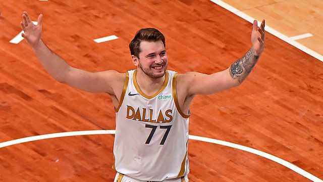 MEMPHIS, TENNESSEE - APRIL 14: Luka Doncic #77 of the Dallas Mavericks reacts after scoring the game winning shot against the Memphis Grizzlies at FedExForum on April 14, 2021 in Memphis, Tennessee.
