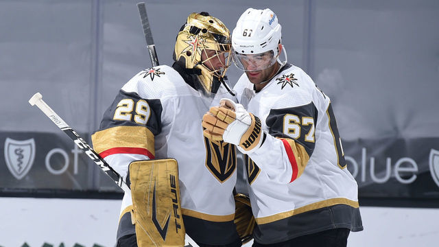 LOS ANGELES, CA - APRIL 14: Marc-Andre Fleury #29 of the Vegas Golden Knights and Max Pacioretty #67 celebrate their victory during the third period against the Los Angeles Kings at STAPLES Center on April 14, 2021 in Los Angeles, California.