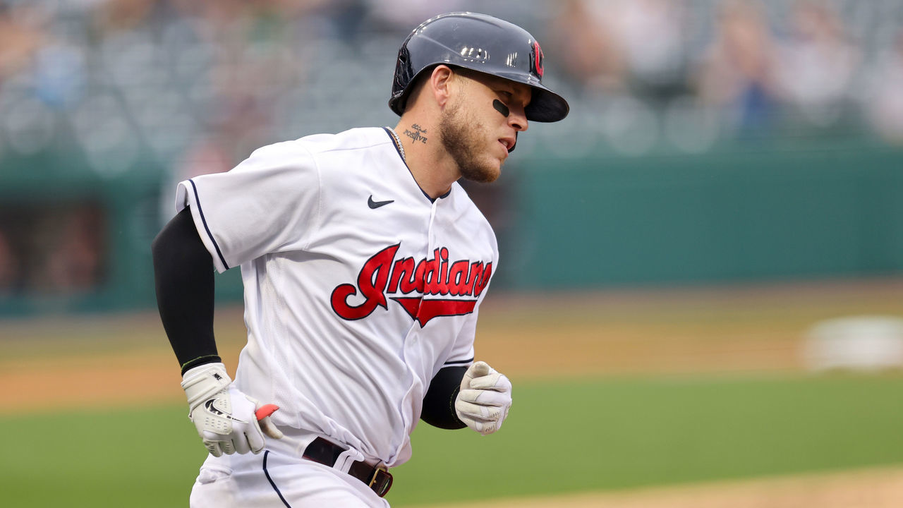 CLEVELAND, OH - APRIL 10: Cleveland Indians catcher Roberto Perez (55) rounds the bases after hitting a 2-run home run during the second inning of the Major League Baseball game between the Detroit Tigers and Cleveland Indians on April 10, 2021, at Progressive Field in Cleveland, OH.