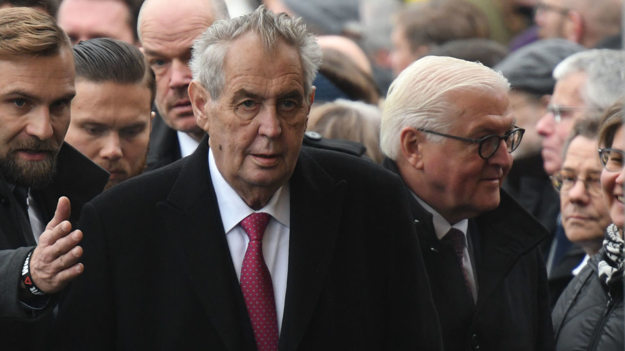 Milos Zeman (Center), President of the Czech Republic, arrives at a commemoration ceremony for the 30th anniversary of the fall of the Berlin Wall, at the Berlin Wall Memorial at Bernauer Strasse in Berlin. On Saturday, November 9, 2019, in Berlin, Germany.