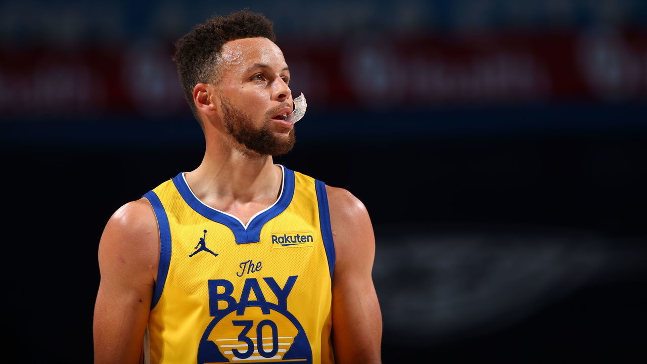 OKLAHOMA CITY, OK - APRIL 14: Stephen Curry #30 of the Golden State Warriors looks on during the game against the Oklahoma City Thunder on April 14, 2021 at Chesapeake Energy Arena in Oklahoma City, Oklahoma. Mandatory Copyright Notice: Copyright 2021 NBAE