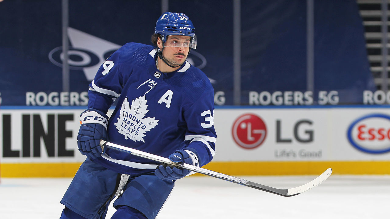 TORONTO, ON - APRIL 13: Auston Matthews #34 of the Toronto Maple Leafs skates against the Calgary Flames during an NHL game at Scotiabank Arena on April 13, 2021 in Toronto, Ontario, Canada. The Flames defeated the Maple Leafs 3-2 in overtime.
