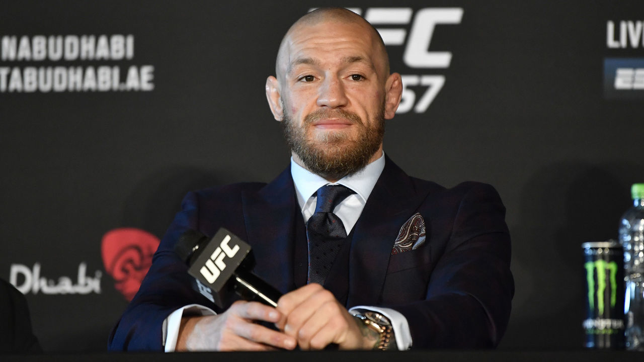 ABU DHABI, UNITED ARAB EMIRATES - JANUARY 23: Conor McGregor of Ireland addresses the media after the UFC 257 event inside Etihad Arena on UFC Fight Island on January 23, 2021 in Abu Dhabi, United Arab Emirates.