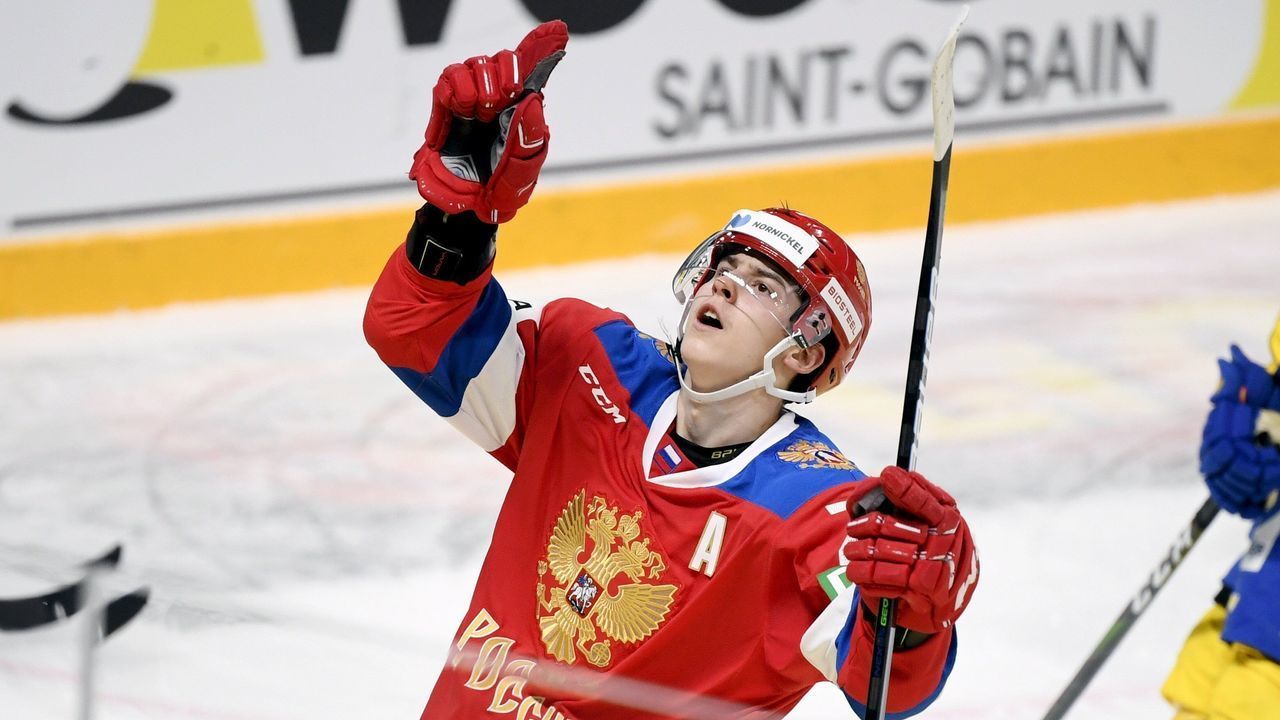 Russia's Rodion Amirov celebrates a goal during the Ice Hockey Karjala Tournament as part of the Euro Hockey Tour (EHT) season match between Sweden and Russia in Helsinki, Finland, on November 7, 2020.