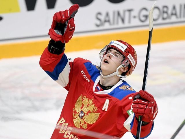 Russia's Rodion Amirov celebrates a goal during the Ice Hockey Karjala Tournament as part of the Euro Hockey Tour (EHT) season match between Sweden and Russia in Helsinki, Finland, on November 7, 2020.