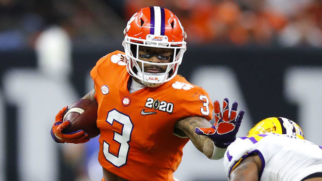 NEW ORLEANS, LA - JANUARY 13: Clemson Tigers wide receiver Amari Rodgers (3) looks to stiff arm LSU Tigers cornerback Kristian Fulton (1) during the first half of the College Football Playoff National Championship Game between the LSU Tigers and the Clemson Tigers on January 13, 2020 in New Orleans LA.