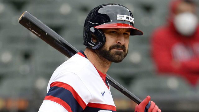 CHICAGO - APRIL 11: Adam Eaton #12 of the Chicago White Sox looks on against the Kansas City Royals on April 11, 2021 at Guaranteed Rate Field in Chicago, Illinois.