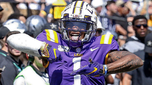 NASHVILLE, TENNESSEE - SEPTEMBER 21: Ja'Marr Chase #1 of the LSU Tigers celebrates after making a reception against the Vanderbilt Commodores during the first half at Vanderbilt Stadium on September 21, 2019 in Nashville, Tennessee.