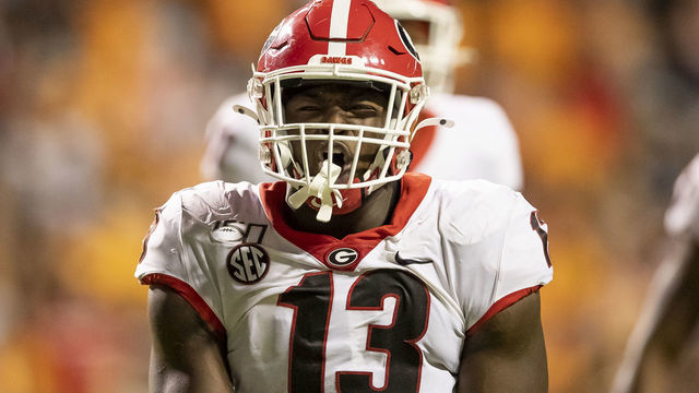 KNOXVILLE, TN - OCTOBER 05: Azeez Ojulari #13 of the Georgia Bulldogs celebrates after a sack during a game between University of Georgia Bulldogs and University of Tennessee Volunteers at Neyland Stadium on October 5, 2019 in Knoxville, Tennessee. .