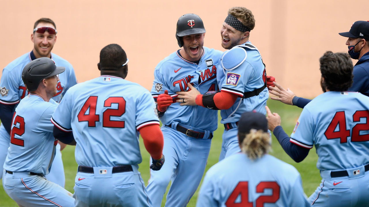 MINNEAPOLIS, MINNESOTA - APRIL 15: Max Kepler #26 of the Minnesota Twins celebrates a walk-off single against the Boston Red Sox after the game at Target Field on April 15, 2021 in Minneapolis, Minnesota. All players are wearing the number 42 in honor of Jackie Robinson Day. The Twins defeated the Red Sox 4-3.