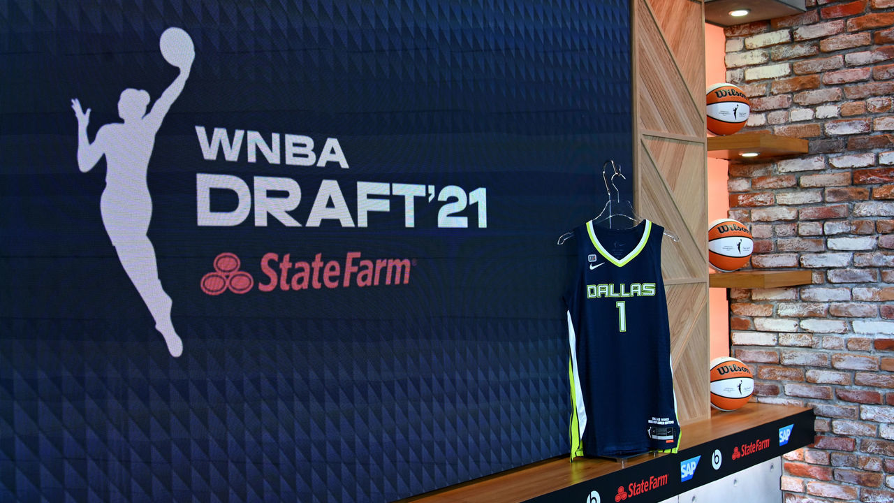 NEW YORK, NY - APRIL 15: An overall view of the WNBA Draft stage with the Dallas Wings jersey at ESPN Seaport District Studios on April 15, 2021 in New York, New York. Mandatory Copyright Notice: Copyright 2021 NBAE
