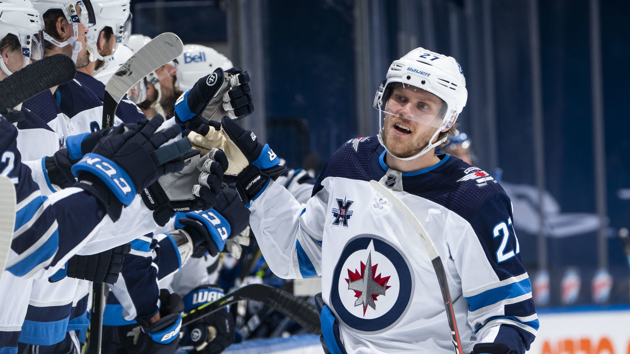 TORONTO, ON - APRIL 15: Nikolaj Ehlers #27 of the Winnipeg Jets celebrates his second goal of the night against the Toronto Maple Leafs during the third period at the Scotiabank Arena on April 15, 2021 in Toronto, Ontario, Canada.