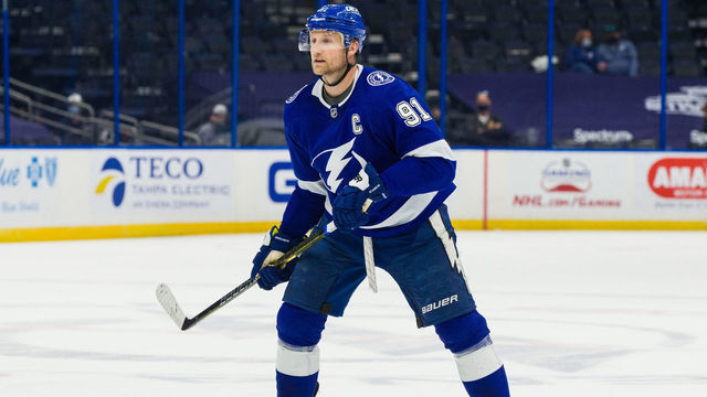 TAMPA, FL - APRIL 4: Steven Stamkos #91 of the Tampa Bay Lightning skates against the Detroit Red Wings during the third period at Amalie Arena on April 4, 2021 in Tampa, Florida.