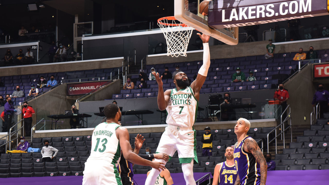 LOS ANGELES, CA - APRIL 15: Jaylen Brown #7 of the Boston Celtics shoots the ball during the game against the Los Angeles Lakers on April 15, 2021 at STAPLES Center in Los Angeles, California. NOTE TO USER: User expressly acknowledges and agrees that, by downloading and/or using this Photograph, user is consenting to the terms and conditions of the Getty Images License Agreement. Mandatory Copyright Notice: Copyright 2021 NBAE