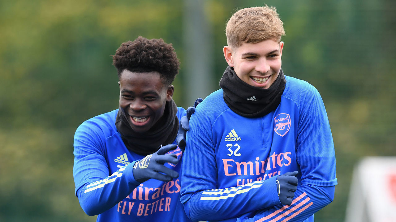 ST ALBANS, ENGLAND - DECEMBER 12: (L-R) Bukayo Saka and Emile Smith Rowe of Arsenal during a training session at London Colney on December 12, 2020 in St Albans, England.