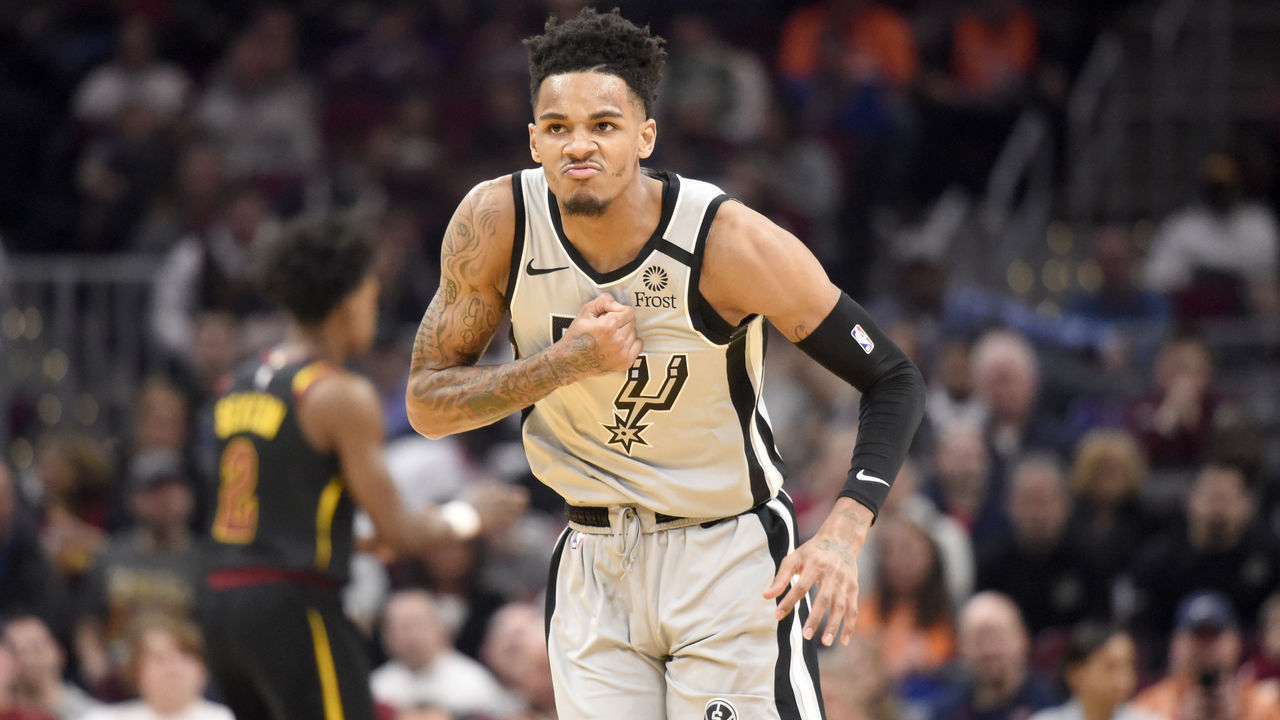 CLEVELAND, OHIO - MARCH 08: Dejounte Murray #5 of the San Antonio Spurs celebrates after scoring during the second half against the Cleveland Cavaliers at Rocket Mortgage Fieldhouse on March 08, 2020 in Cleveland, Ohio. The Cavaliers defeated the Spurs 132-129. NOTE TO USER: User expressly acknowledges and agrees that, by downloading and/or using this photograph, user is consenting to the terms and conditions of the Getty Images License Agreement.