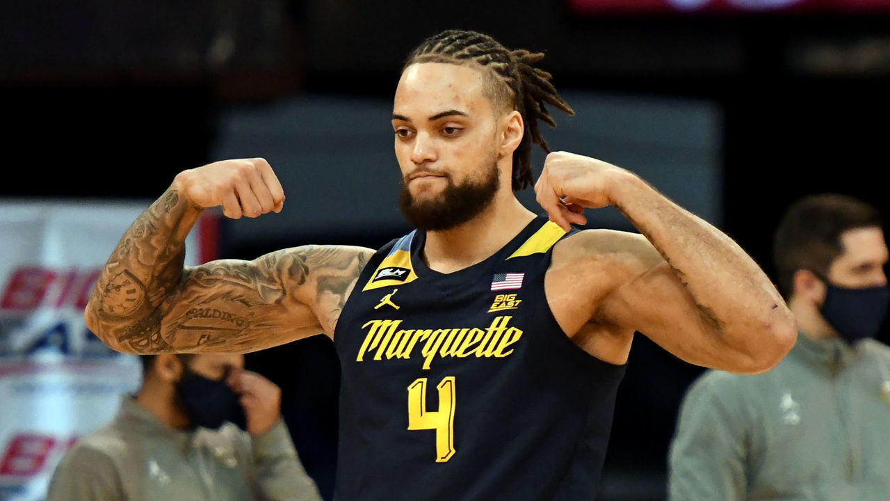 NEW YORK, NY - MARCH 10: Theo John #4 of the Marquette Golden Eagles is introduced before the first round of the Big East Men's Basketball Tournament against the Georgetown Hoyas at Madison Square Garden on March 10, 2021 in New York City.