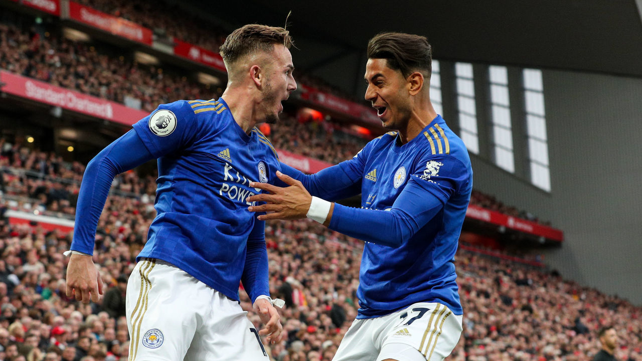 LIVERPOOL, ENGLAND - OCTOBER 05: Leicester City's James Maddison celebrates scoring his side's equalising goal to make the score 1-1 during the Premier League match between Liverpool FC and Leicester City at Anfield on October 5, 2019 in Liverpool, United Kingdom.