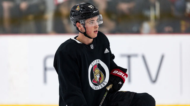 OTTAWA, ON - JUNE 29: Ottawa Senators Prospect Center Shane Pinto (57) during the Ottawa Senators Development Camp on June 29, 2019, at Bell Sensplex in Ottawa, ON, Canada.