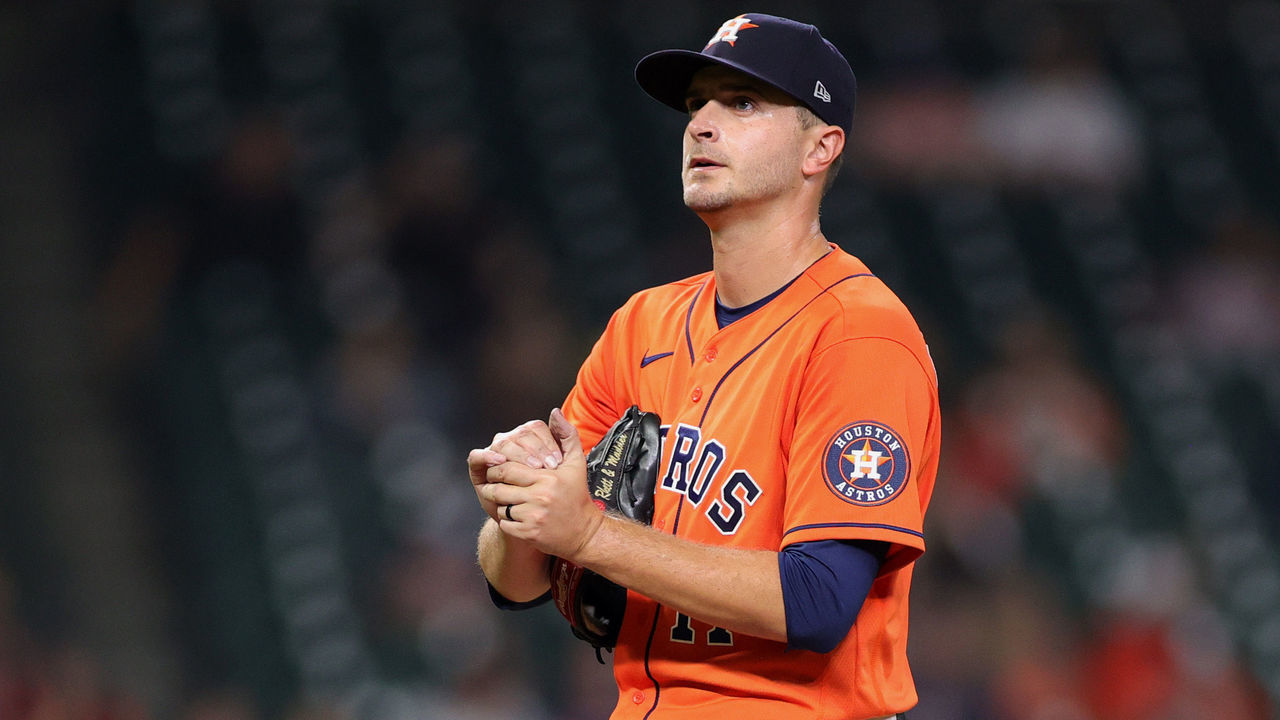 HOUSTON, TEXAS - APRIL 13: Pitcher Jake Odorizzi #17 of the Houston Astros looks on during the fourth inning against the Detroit Tigers at Minute Maid Park on April 13, 2021 in Houston, Texas.
