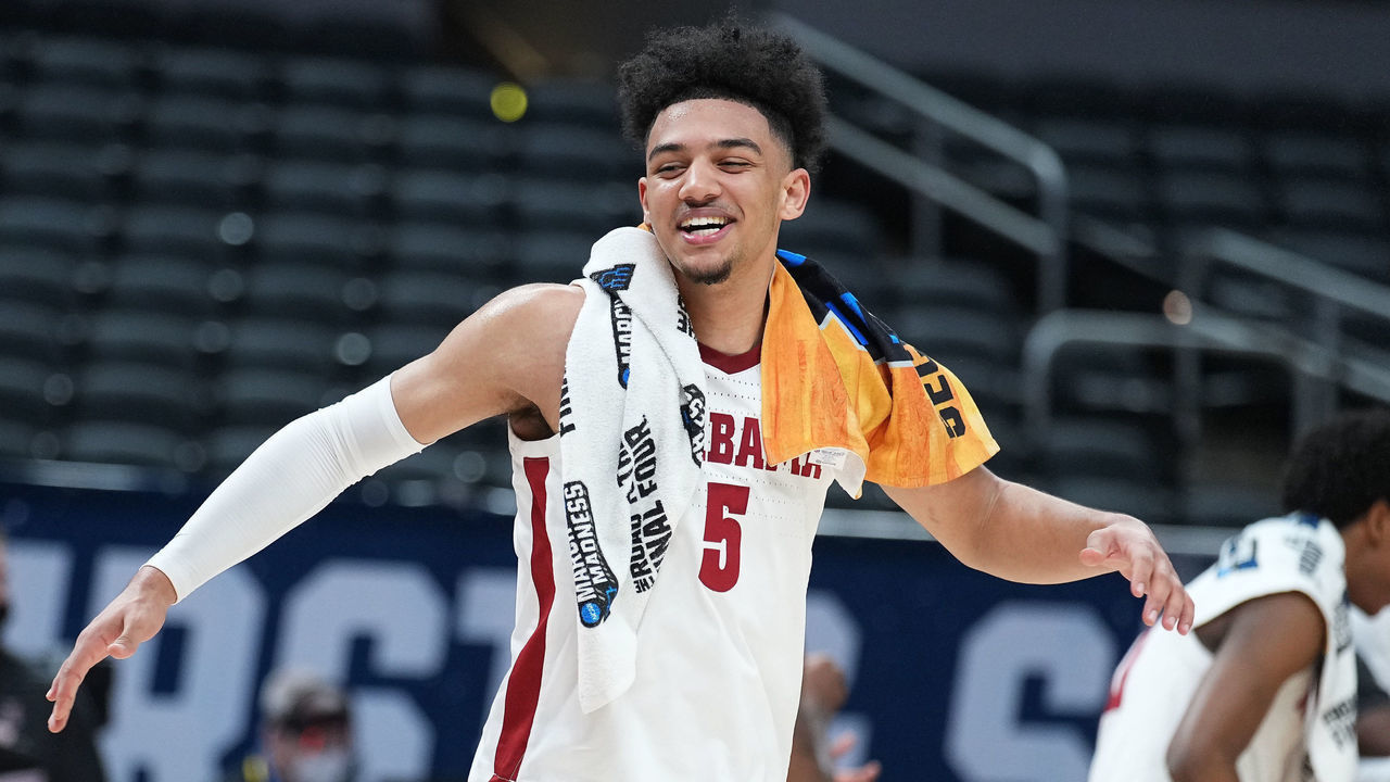 INDIANAPOLIS, IN - MARCH 22: Jaden Shackelford #5 of the Alabama Crimson Tide celebrates a win against the Maryland Terrapins in the second round of the 2021 NCAA Division I Mens Basketball Tournament held at Bankers Life Fieldhouse on March 22, 2021 in Indianapolis, Indiana.