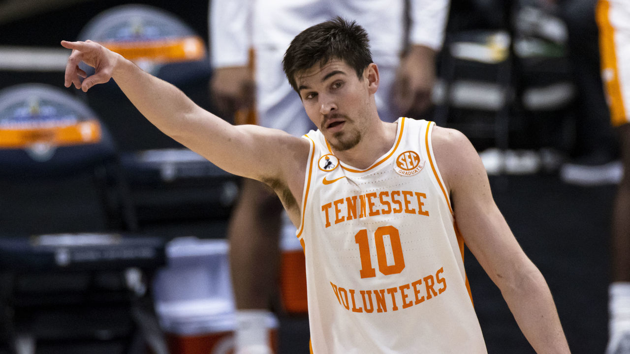 NASHVILLE, TN - MARCH 12: John Fulkerson #10 of the Tennessee Volunteers gestures against the Florida Gators during the second half of their quarterfinal game in the SEC Men's Basketball Tournament at Bridgestone Arena on March 12, 2021 in Nashville, Tennessee. Tennessee defeats Florida 78-66.