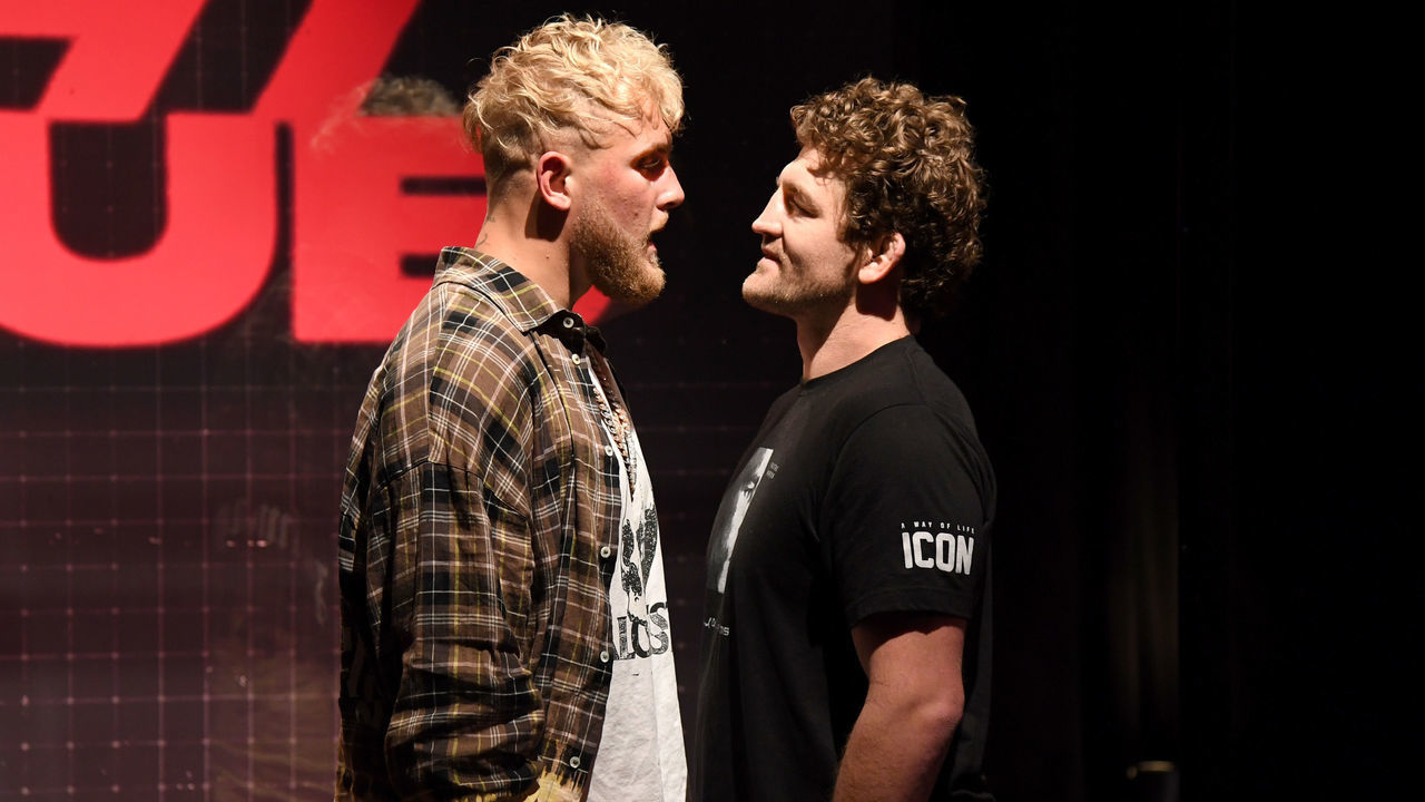 LAS VEGAS, NEVADA - MARCH 26: Jake Paul (L) and Ben Askren face off during a news conference for Triller Fight Club's inaugural 2021 boxing event at The Venetian Las Vegas on March 26, 2021 in Las Vegas, Nevada. Paul and Askren will face each other in the main event that will take place on April 17, 2021, at Mercedes-Benz Stadium in Atlanta.