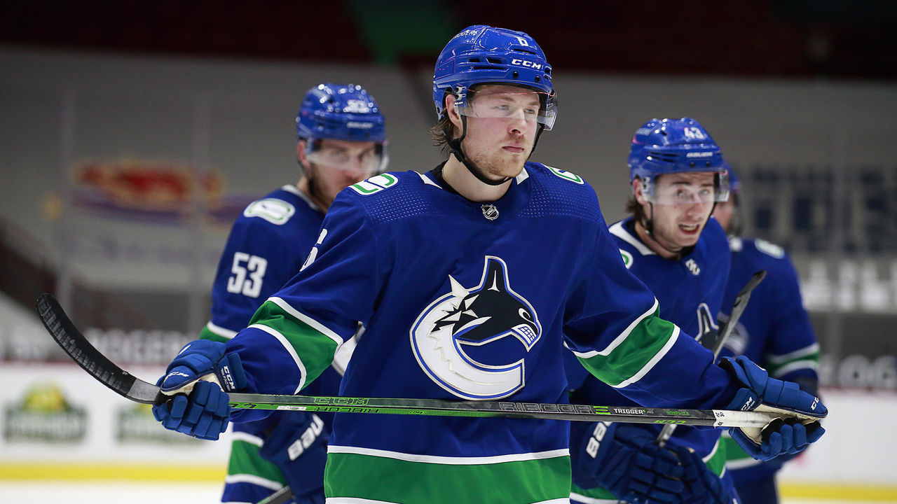 VANCOUVER, BC - MARCH 24: Brock Boeser #6 of the Vancouver Canucks skates up ice during their NHL game against the Winnipeg Jets at Rogers Arena on March 24, 2021 in Vancouver, British Columbia, Canada. "n