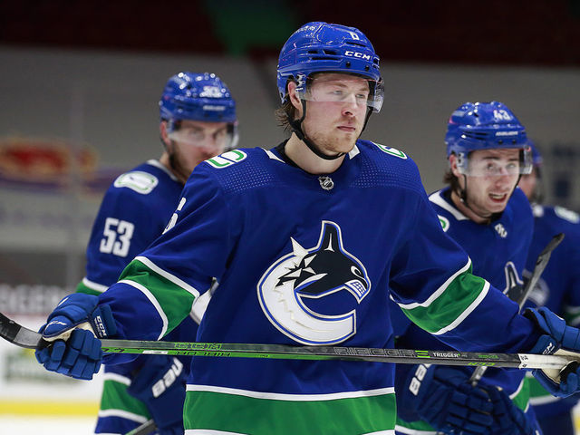 VANCOUVER, BC - MARCH 24: Brock Boeser #6 of the Vancouver Canucks skates up ice during their NHL game against the Winnipeg Jets at Rogers Arena on March 24, 2021 in Vancouver, British Columbia, Canada. "n