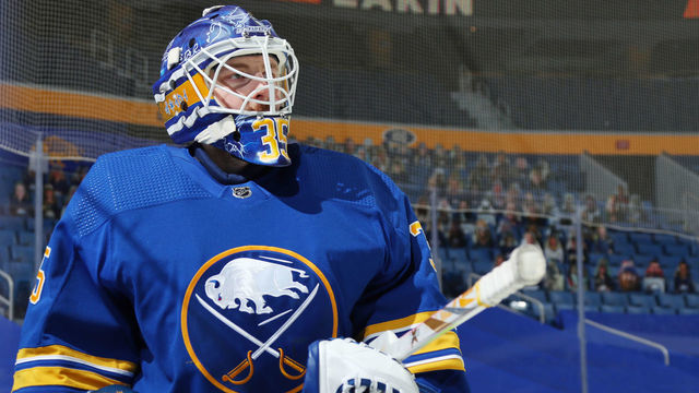 BUFFALO, NY - APRIL 8: Linus Ullmark #35 of the Buffalo Sabres skates during warmups before an NHL game against the New Jersey Devils on April 8, 2021 at KeyBank Center in Buffalo, New York.