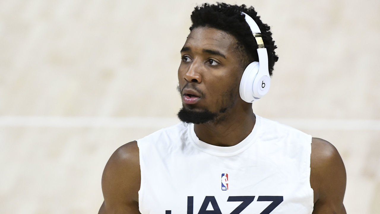 SALT LAKE CITY, UTAH - APRIL 16: Donovan Mitchell #45 of the Utah Jazz looks on before a game against the Indiana Pacers at Vivint Smart Home Arena on April 16, 2021 in Salt Lake City, Utah. NOTE TO USER: User expressly acknowledges and agrees that, by downloading and/or using this photograph, user is consenting to the terms and conditions of the Getty Images License Agreement.