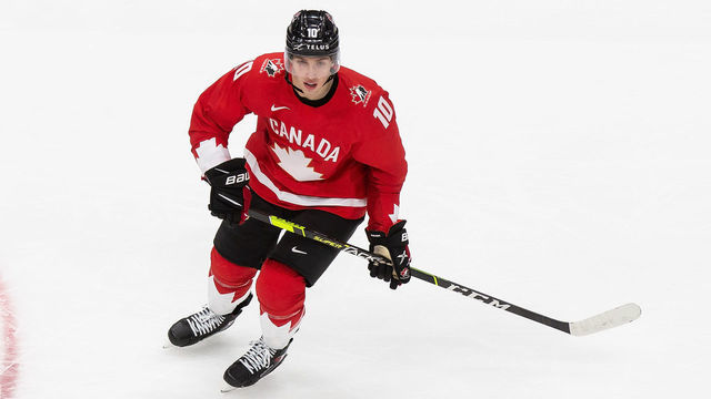 EDMONTON, AB - DECEMBER 26: Dylan Holloway #10 of Canada skates against Germany during the 2021 IIHF World Junior Championship at Rogers Place on December 26, 2020 in Edmonton, Canada.
