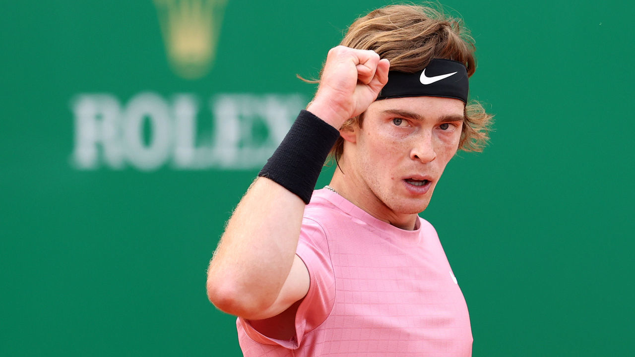MONTE-CARLO, MONACO - APRIL 15: Andrey Rublev of Russia celebrates a point during his quarterfinal match against Roberto Bautista Agut of Spain during day five of the Rolex Monte-Carlo Masters at Monte-Carlo Country Club on April 15, 2021 in Monte-Carlo, Monaco.