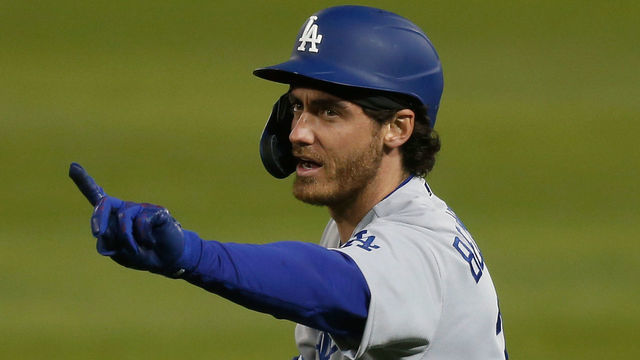 OAKLAND, CALIFORNIA - APRIL 05: Cody Bellinger #35 of the Los Angeles Dodgers reacts after being called out at first base against the Oakland Athletics at RingCentral Coliseum on April 05, 2021 in Oakland, California.