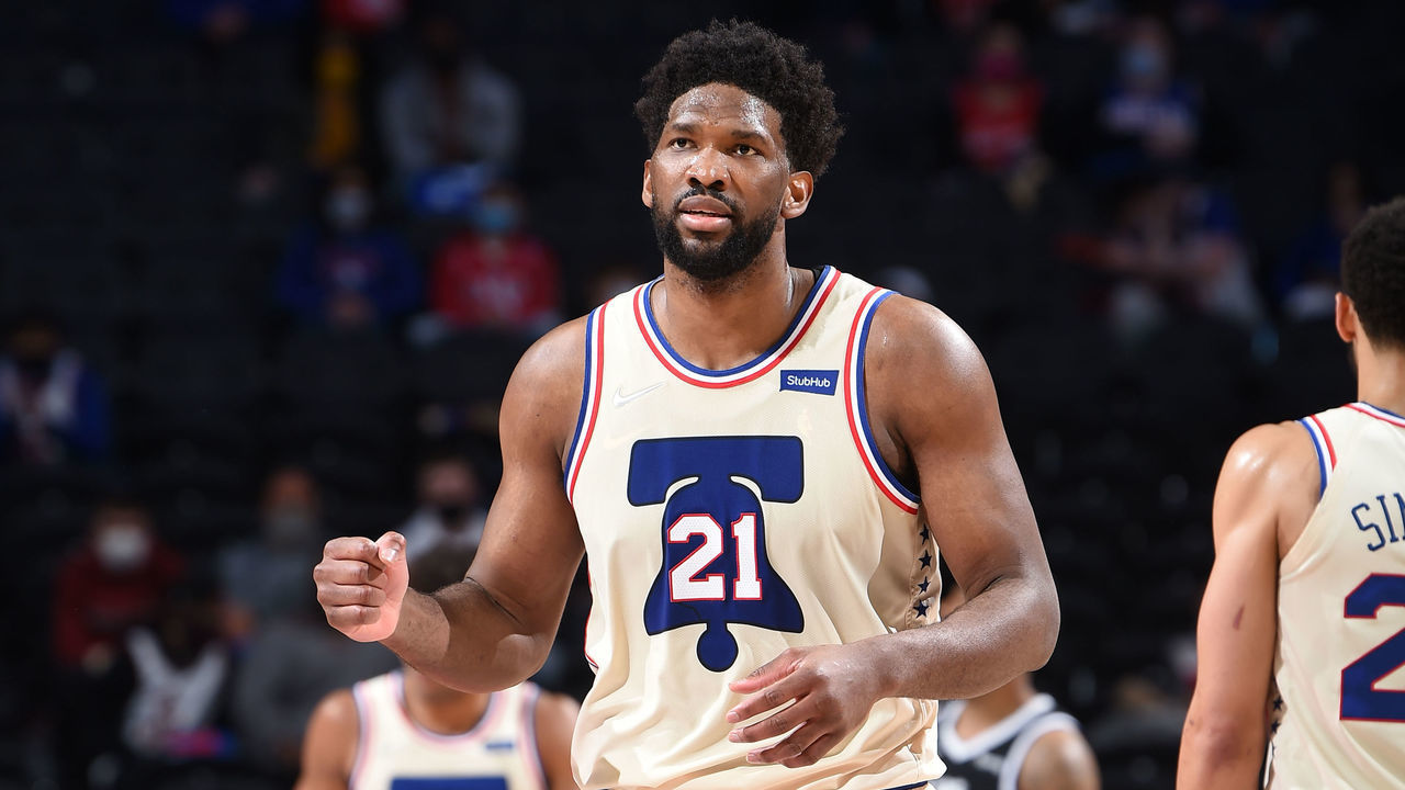 PHILADELPHIA, PA - APRIL 16: Joel Embiid #21 of the Philadelphia 76ers reacts during a game against the LA Clippers on April 16, 2021 at Wells Fargo Center in Philadelphia, Pennsylvania. NOTE TO USER: User expressly acknowledges and agrees that, by downloading and/or using this Photograph, user is consenting to the terms and conditions of the Getty Images License Agreement. Mandatory Copyright Notice: Copyright 2021 NBAE