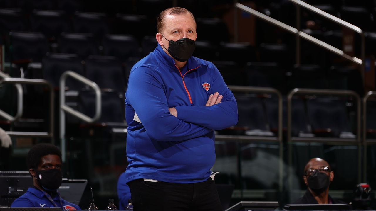 NEW YORK, NY - APRIL 11: Head Coach Tom Thibodeau of the New York Knicks looks on during the game against the Toronto Raptors on April 11, 2021 at Madison Square Garden in New York City, New York. Mandatory Copyright Notice: Copyright 2021 NBAE