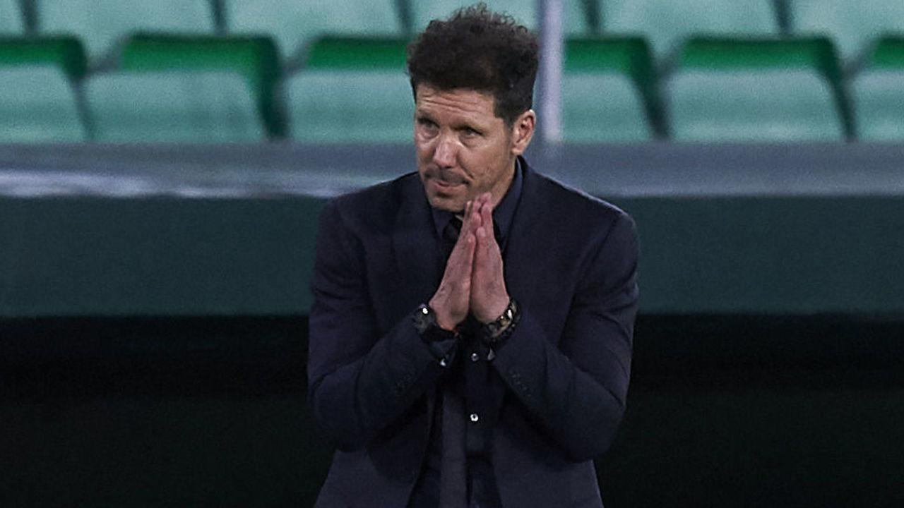SEVILLE, SPAIN - APRIL 11: Diego Pablo Simeone, head coach of Atletico de Madrid reacts during the La Liga Santander match between Real Betis and Atletico de Madrid at Estadio Benito Villamarin on April 11, 2021 in Seville, Spain. Sporting stadiums around Spain remain under strict restrictions due to the Coronavirus Pandemic as Government social distancing laws prohibit fans inside venues resulting in games being played behind closed doors.