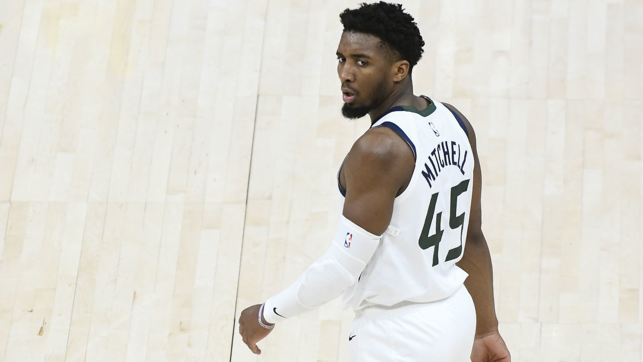 SALT LAKE CITY, UTAH - APRIL 16: Donovan Mitchell #45 of the Utah Jazz looks on during a game against the Indiana Pacers at Vivint Smart Home Arena on April 16, 2021 in Salt Lake City, Utah. NOTE TO USER: User expressly acknowledges and agrees that, by downloading and/or using this photograph, user is consenting to the terms and conditions of the Getty Images License Agreement.