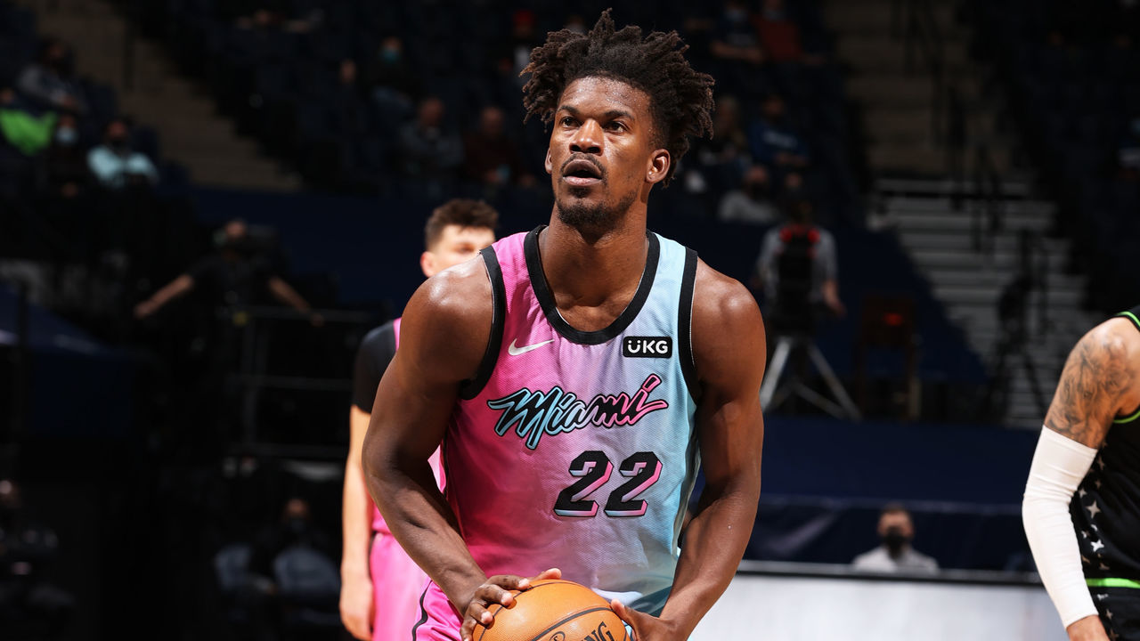 MINNEAPOLIS, MN - APRIL 16: Jimmy Butler #22 of the Miami Heat shoots a free throw against the Minnesota Timberwolves on April 16, 2021 at Target Center in Minneapolis, Minnesota. Mandatory Copyright Notice: Copyright 2021 NBAE