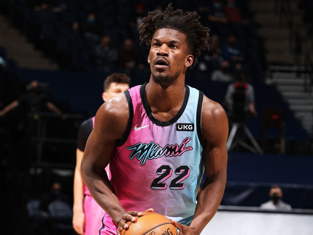 MINNEAPOLIS, MN - APRIL 16: Jimmy Butler #22 of the Miami Heat shoots a free throw against the Minnesota Timberwolves on April 16, 2021 at Target Center in Minneapolis, Minnesota. Mandatory Copyright Notice: Copyright 2021 NBAE