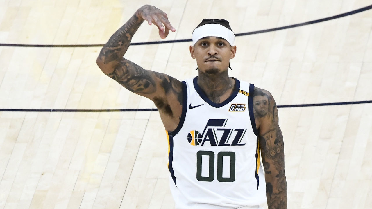 SALT LAKE CITY, UTAH - APRIL 16: Jordan Clarkson #00 of the Utah Jazz celebrates a three point shot during a game against the Indiana Pacers at Vivint Smart Home Arena on April 16, 2021 in Salt Lake City, Utah. NOTE TO USER: User expressly acknowledges and agrees that, by downloading and/or using this photograph, user is consenting to the terms and conditions of the Getty Images License Agreement.