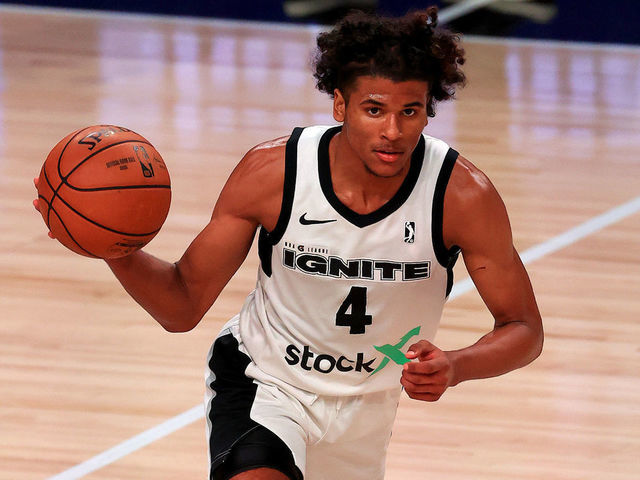 LAKE BUENA VISTA, FLORIDA - FEBRUARY 18: Jalen Green #4 of the G League Ignite brings the ball up the floor during a G-League game against the Westchester Knicks at AdventHealth Arena at ESPN Wide World Of Sports Complex on February 18, 2021 in Lake Buena Vista, Florida.