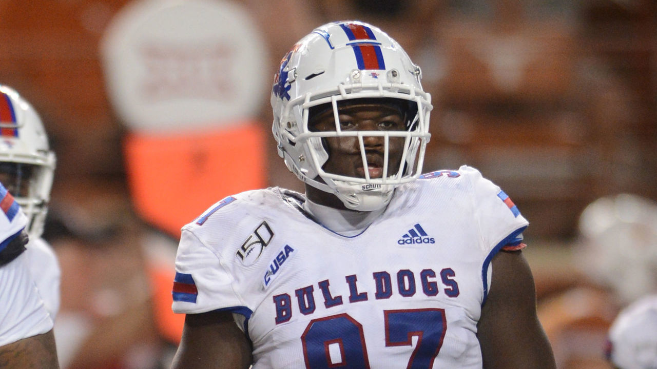 AUSTIN, TX - AUGUST 31: Louisiana Tech Bulldogs linemen Ka'Derrion Mason (96) and Milton Williams (97) get signals from the sideline during game against the Texas Longhorns on August 31, 2019, at Darrell K Royal-Texas Memorial Stadium in Austin, Texas.